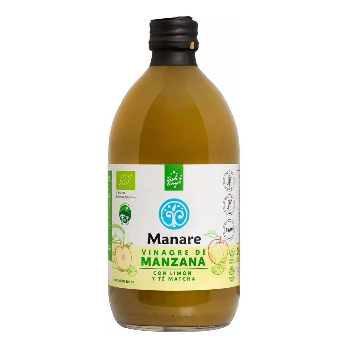 Vinagre De Manzana Con Matcha Y Limón Orgánico 500 Ml Manare