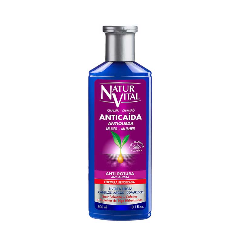 Champú Anticaída Antirotura 300ml NaturVital. Su uso frecuente previene la rotura de la fibra capilar, nutre y refuerza los cabellos largos.